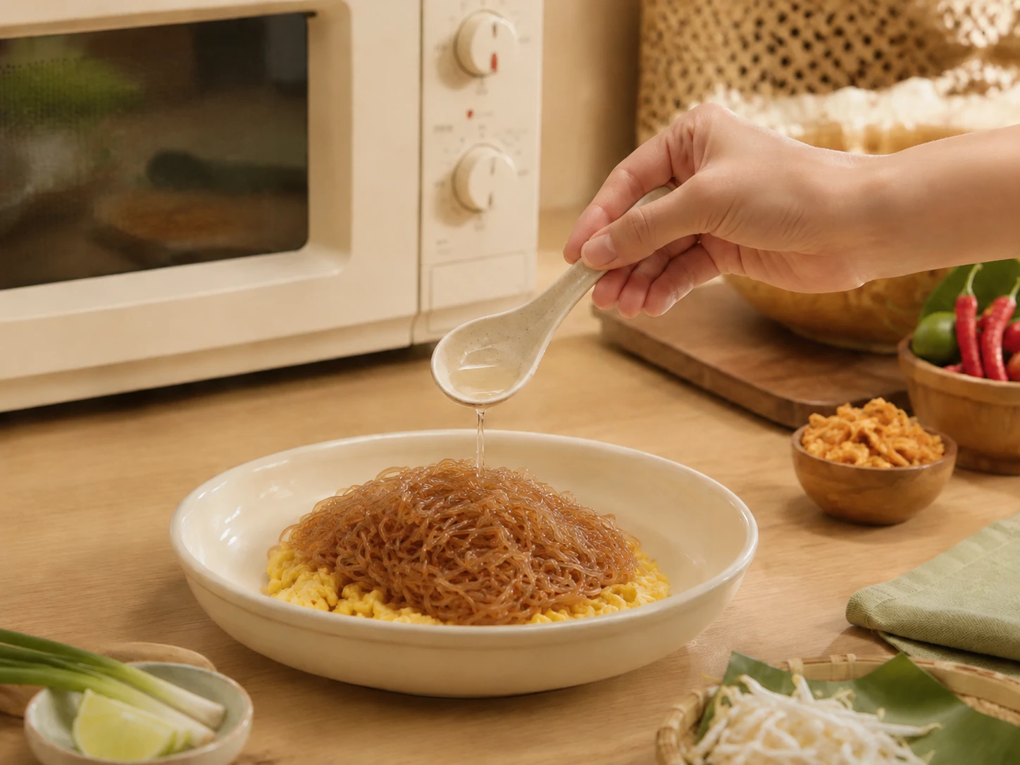 Combine noodles and eggs